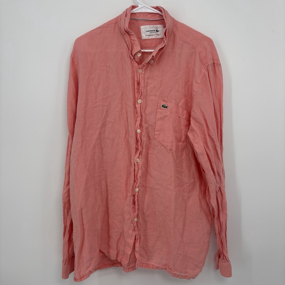 Lacoste Salmon Pink 100% Linen Long Sleeve Shirt Button Up Fr 45 Men's XL/XXL